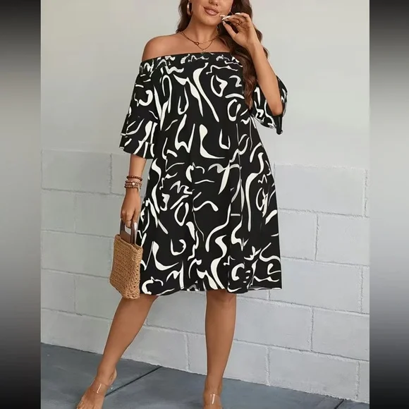 Boho plus size off shoulder flounce sleeve dress - Picture 3 of 4